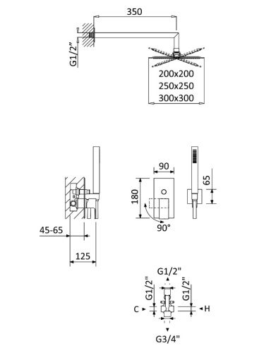 Душевая система с переключателем для верхнего и ручного душа, верхний душ из стены из ABC PORTA-DSIPQ-20-01 CEZARES
